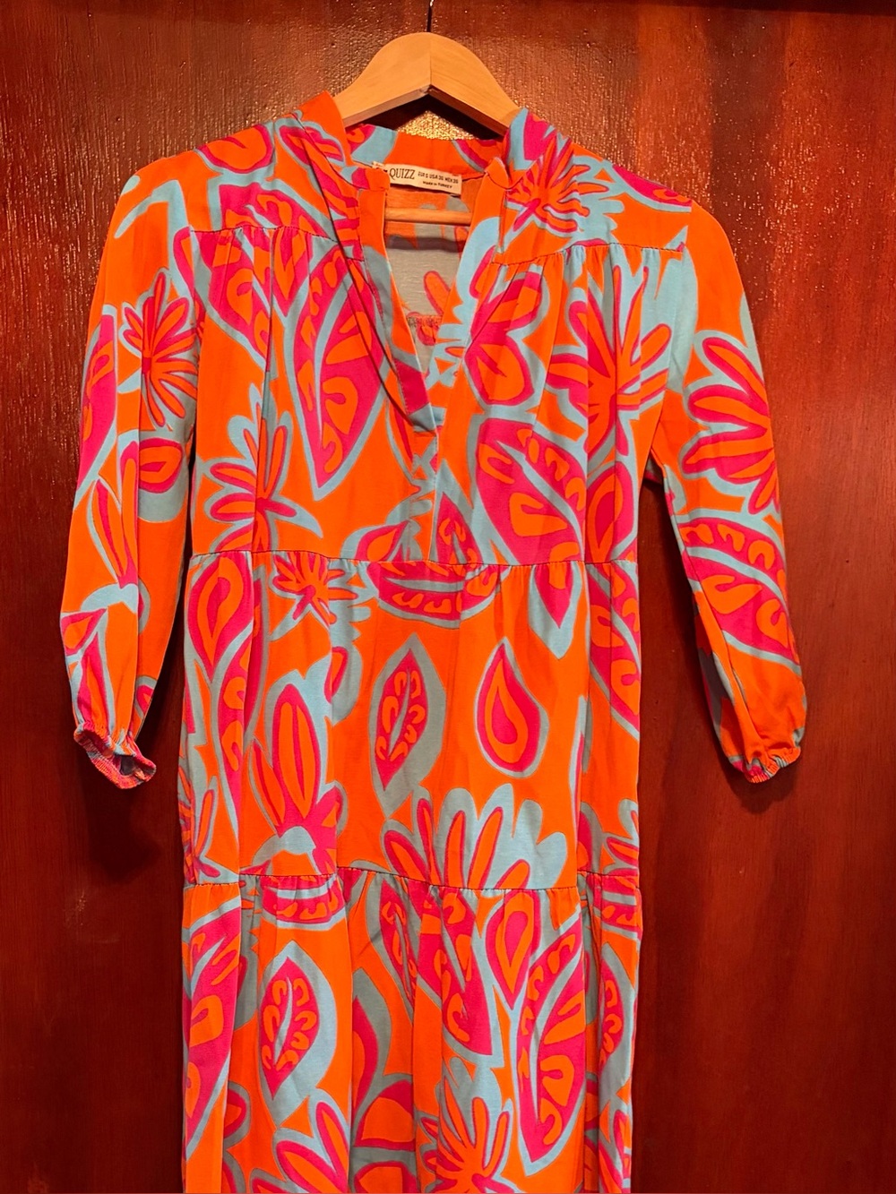 Women’s Bright Orange & Pink Floral Dress with Blue Accents